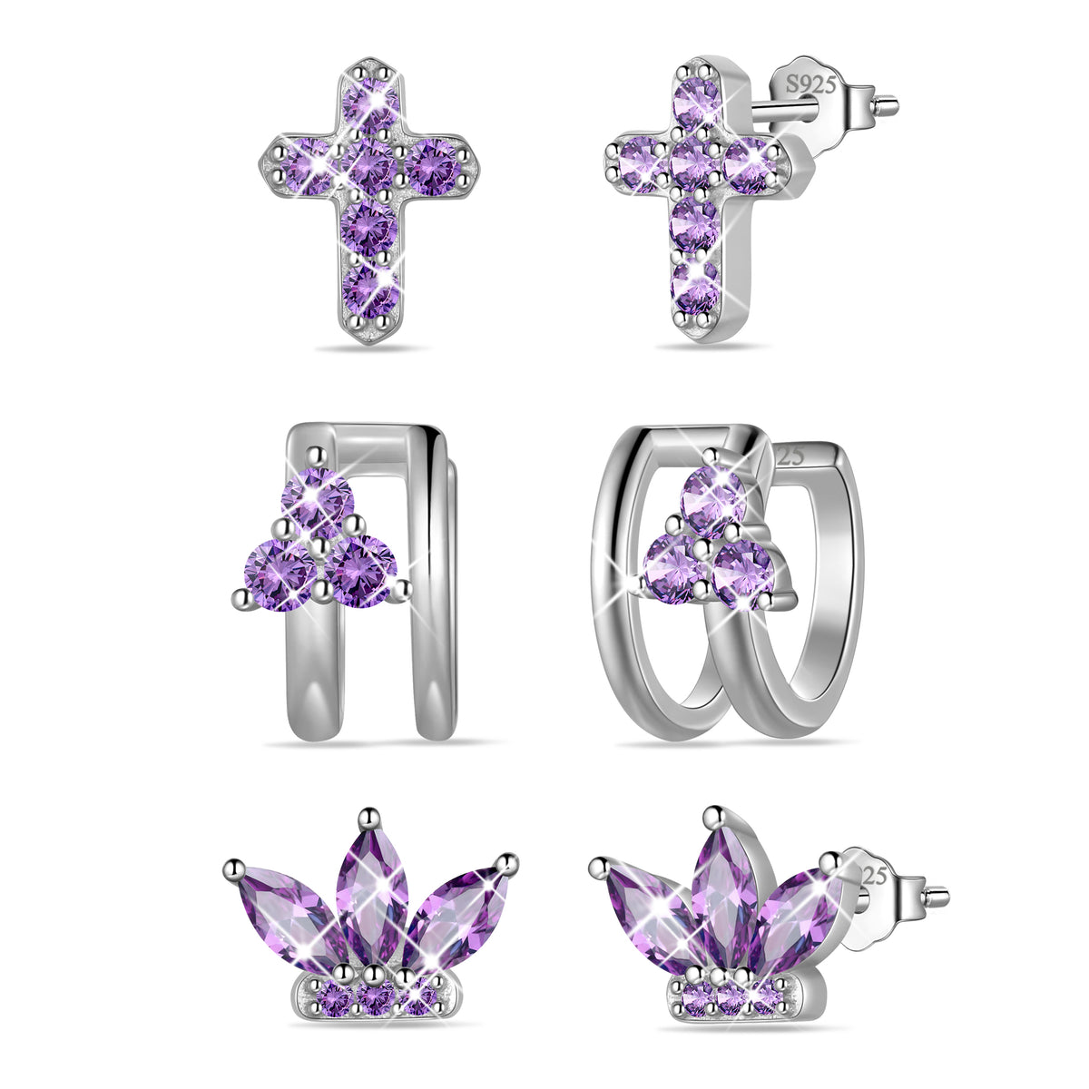 3 Pairs 925 Sterling Silver Cross Birthstone Earrings Set for Women, Flower Studs and Ear Cuffs Jewelry Set Birthday Christmas Anniversary Gift for Her