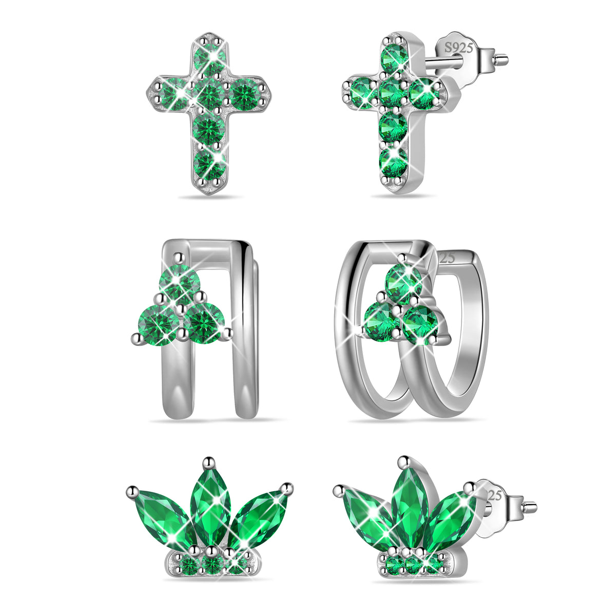 3 Pairs 925 Sterling Silver Cross Birthstone Earrings Set for Women, Flower Studs and Ear Cuffs Jewelry Set Birthday Christmas Anniversary Gift for Her