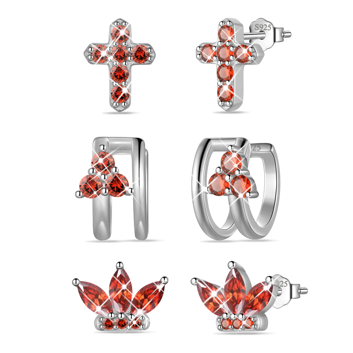 3 Pairs 925 Sterling Silver Cross Birthstone Earrings Set for Women, Flower Studs and Ear Cuffs Jewelry Set Birthday Christmas Anniversary Gift for Her