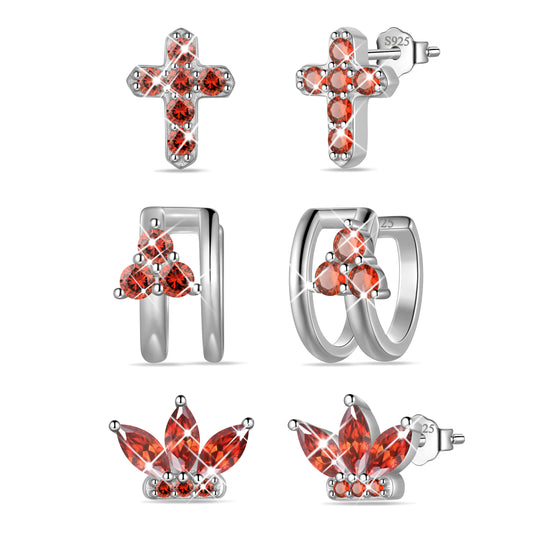 3 Pairs 925 Sterling Silver Cross Birthstone Earrings Set for Women, Flower Studs and Ear Cuffs Jewelry Set Birthday Christmas Anniversary Gift for Her
