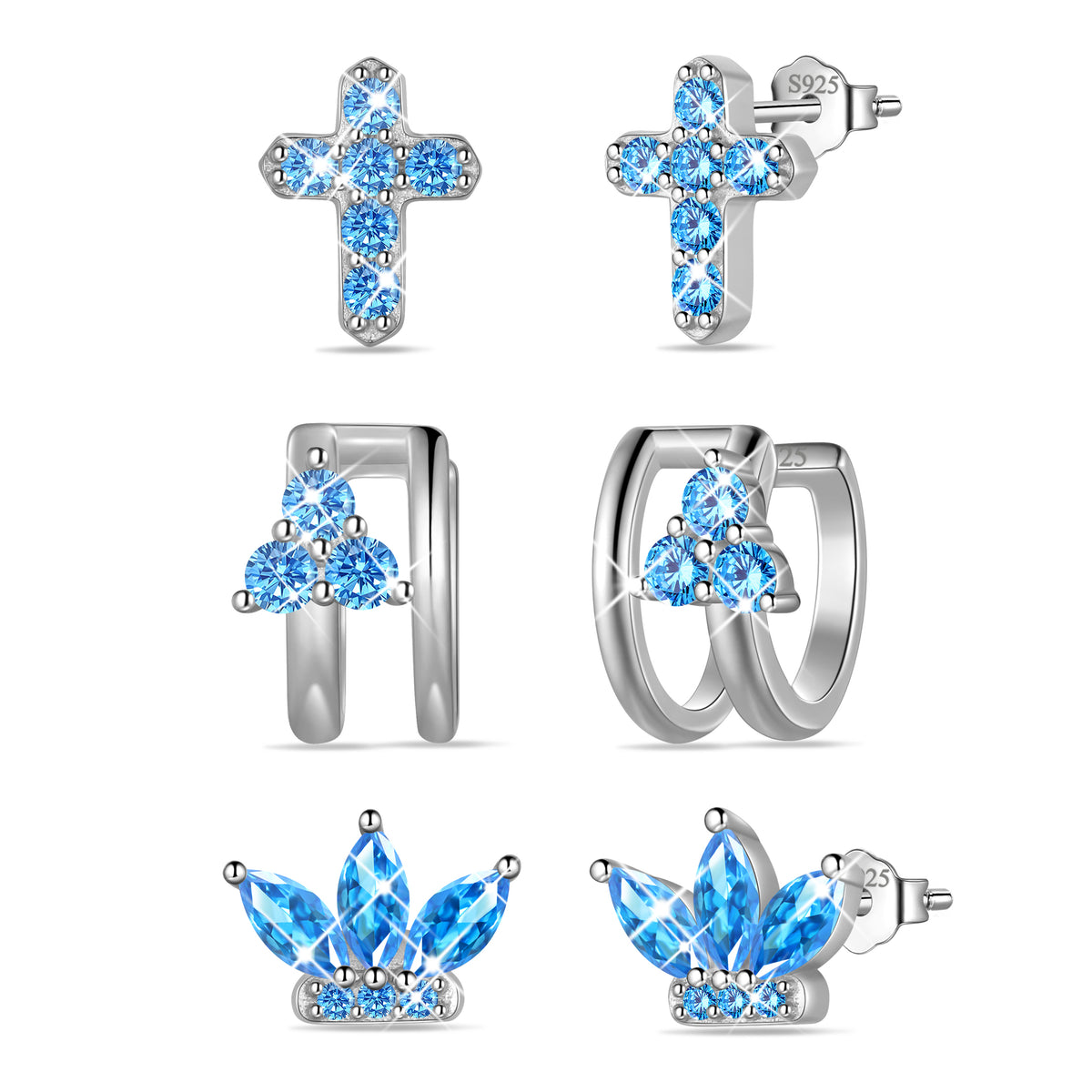 3 Pairs 925 Sterling Silver Cross Birthstone Earrings Set for Women, Flower Studs and Ear Cuffs Jewelry Set Birthday Christmas Anniversary Gift for Her