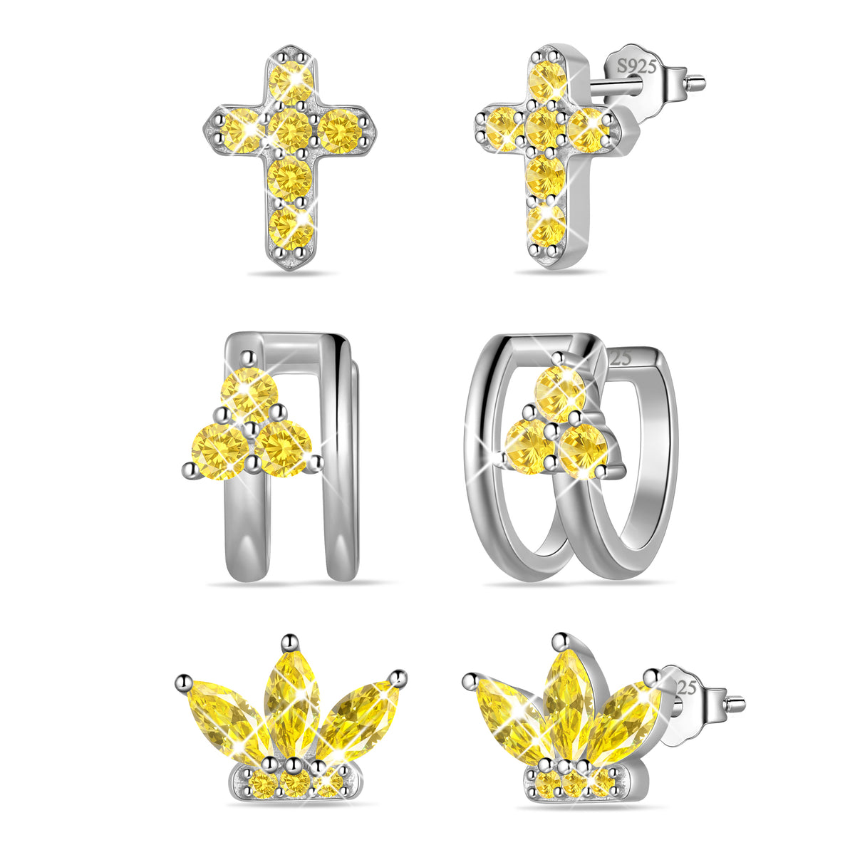 3 Pairs 925 Sterling Silver Cross Birthstone Earrings Set for Women, Flower Studs and Ear Cuffs Jewelry Set Birthday Christmas Anniversary Gift for Her