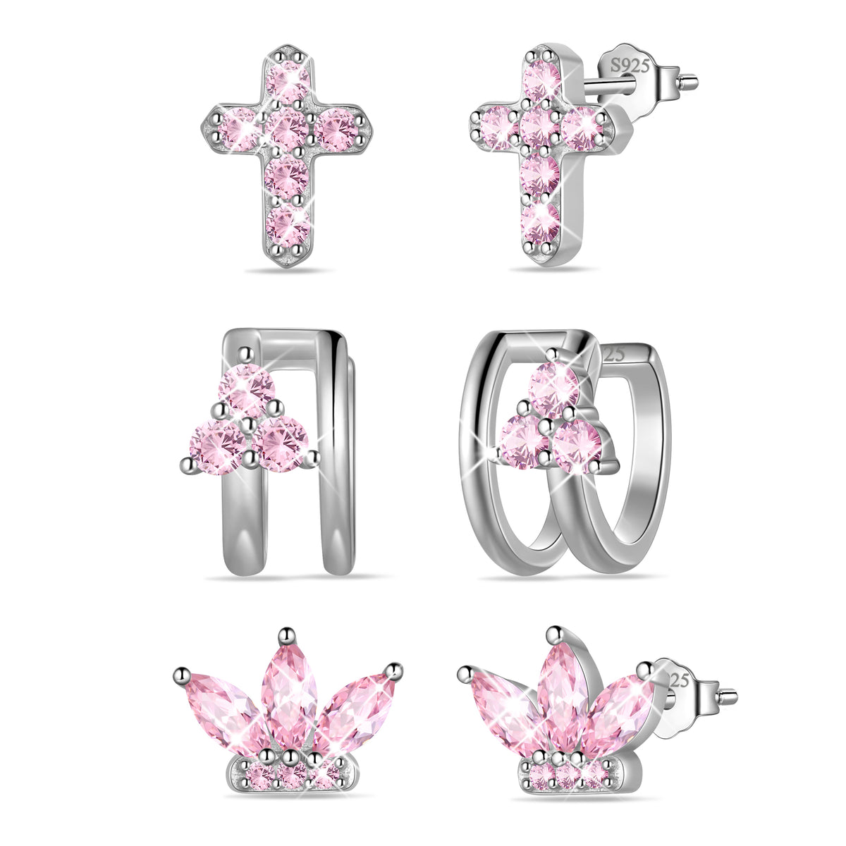 3 Pairs 925 Sterling Silver Cross Birthstone Earrings Set for Women, Flower Studs and Ear Cuffs Jewelry Set Birthday Christmas Anniversary Gift for Her