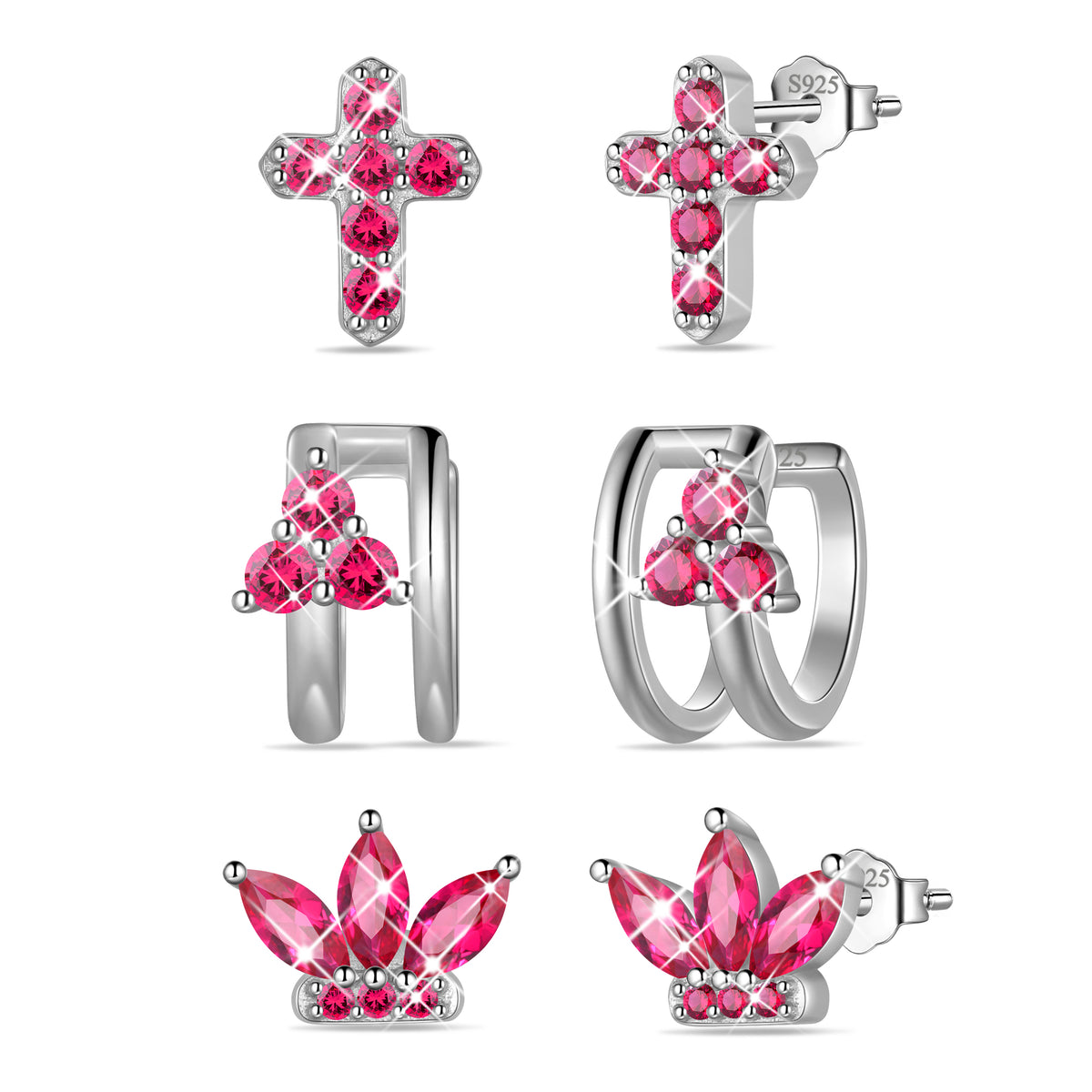 3 Pairs 925 Sterling Silver Cross Birthstone Earrings Set for Women, Flower Studs and Ear Cuffs Jewelry Set Birthday Christmas Anniversary Gift for Her