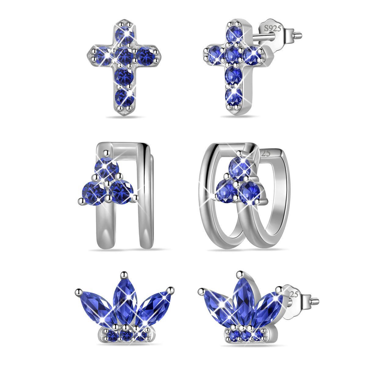 3 Pairs 925 Sterling Silver Cross Birthstone Earrings Set for Women, Flower Studs and Ear Cuffs Jewelry Set Birthday Christmas Anniversary Gift for Her