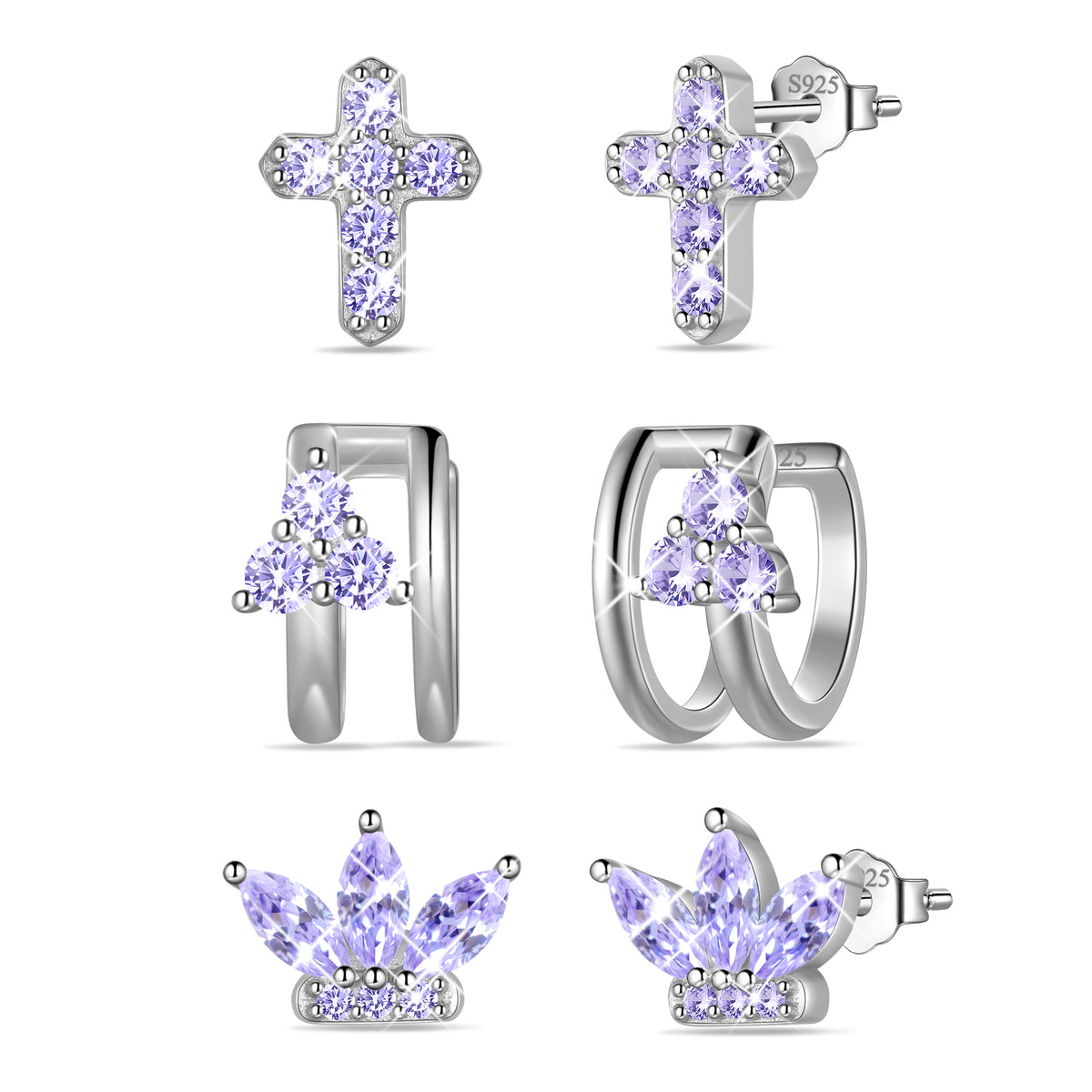 3 Pairs 925 Sterling Silver Cross Birthstone Earrings Set for Women, Flower Studs and Ear Cuffs Jewelry Set Birthday Christmas Anniversary Gift for Her