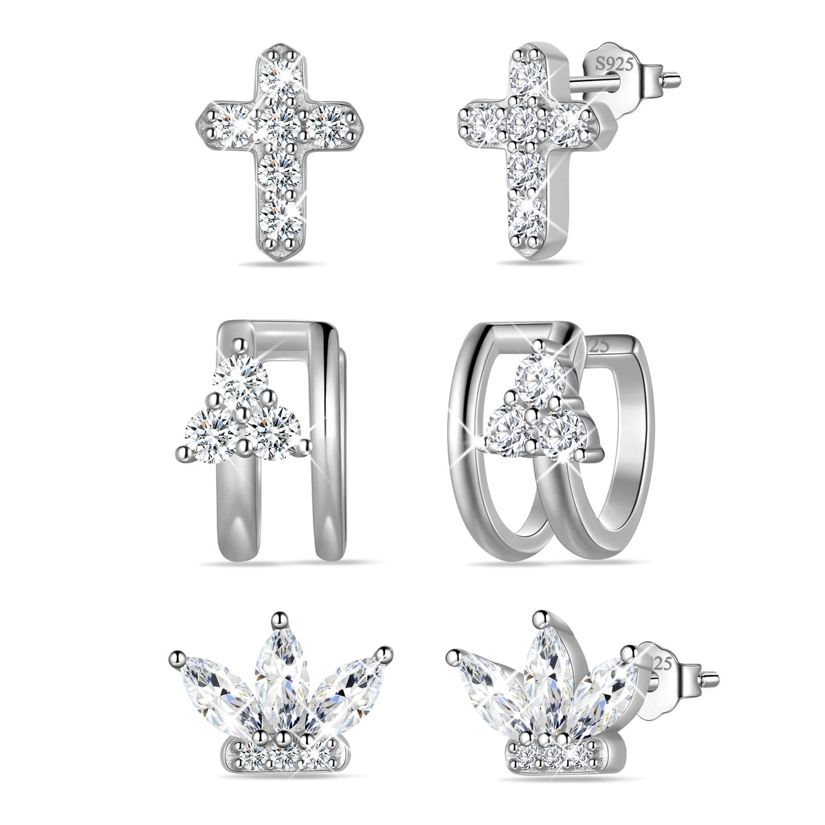 3 Pairs 925 Sterling Silver Cross Birthstone Earrings Set for Women, Flower Studs and Ear Cuffs Jewelry Set Birthday Christmas Anniversary Gift for Her