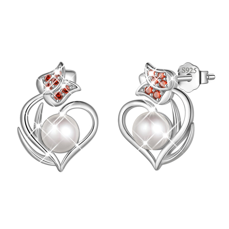 S925 Sterling Silver Heart Stud Earrings for Women,Birthstone Earrings Jewelry Gift for Her,Tulip Flowers Earrings for Wife Mom Girlfriend, Birthday Valentine’s Day Mother's Day Gift