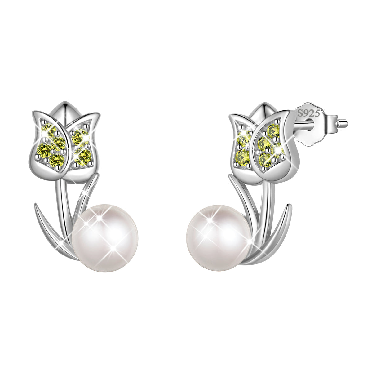 925 Sterling Silver Tulip Pearl Birthstone Stud Earrings for Women, Flower Birthstone Earrings Jewelry Gift for Wife Mom Girlfriend, Birthday Valentine’s Day Mother’s Day Gift