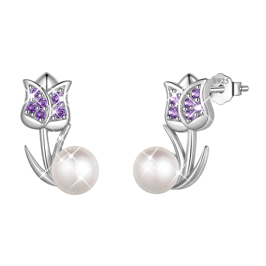 925 Sterling Silver Tulip Pearl Birthstone Stud Earrings for Women, Flower Birthstone Earrings Jewelry Gift for Wife Mom Girlfriend, Birthday Valentine’s Day Mother’s Day Gift