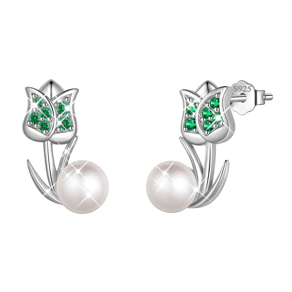 925 Sterling Silver Tulip Pearl Birthstone Stud Earrings for Women, Flower Birthstone Earrings Jewelry Gift for Wife Mom Girlfriend, Birthday Valentine’s Day Mother’s Day Gift