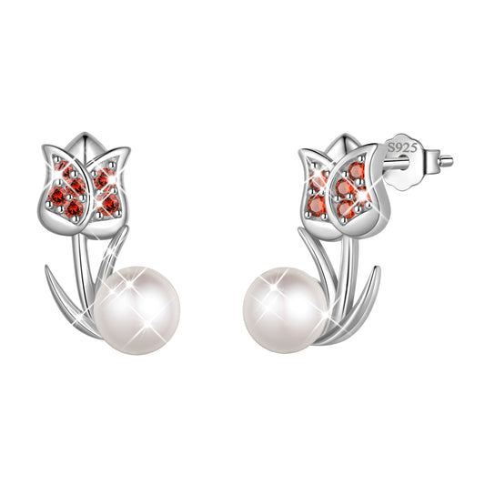 925 Sterling Silver Tulip Pearl Birthstone Stud Earrings for Women, Flower Birthstone Earrings Jewelry Gift for Wife Mom Girlfriend, Birthday Valentine’s Day Mother’s Day Gift