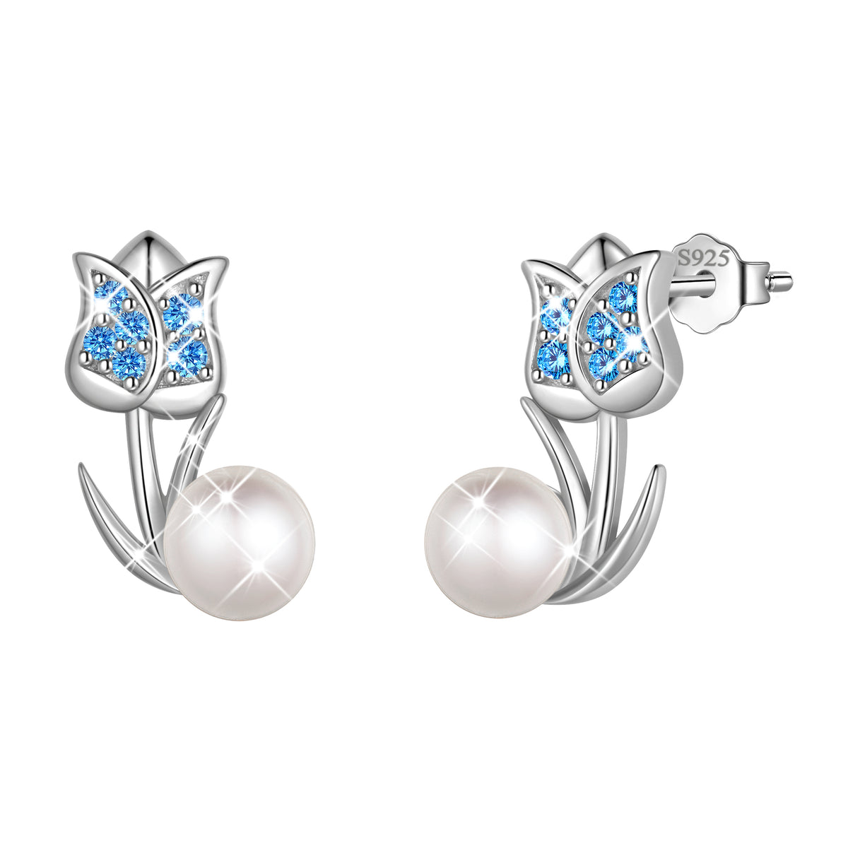 925 Sterling Silver Tulip Pearl Birthstone Stud Earrings for Women, Flower Birthstone Earrings Jewelry Gift for Wife Mom Girlfriend, Birthday Valentine’s Day Mother’s Day Gift