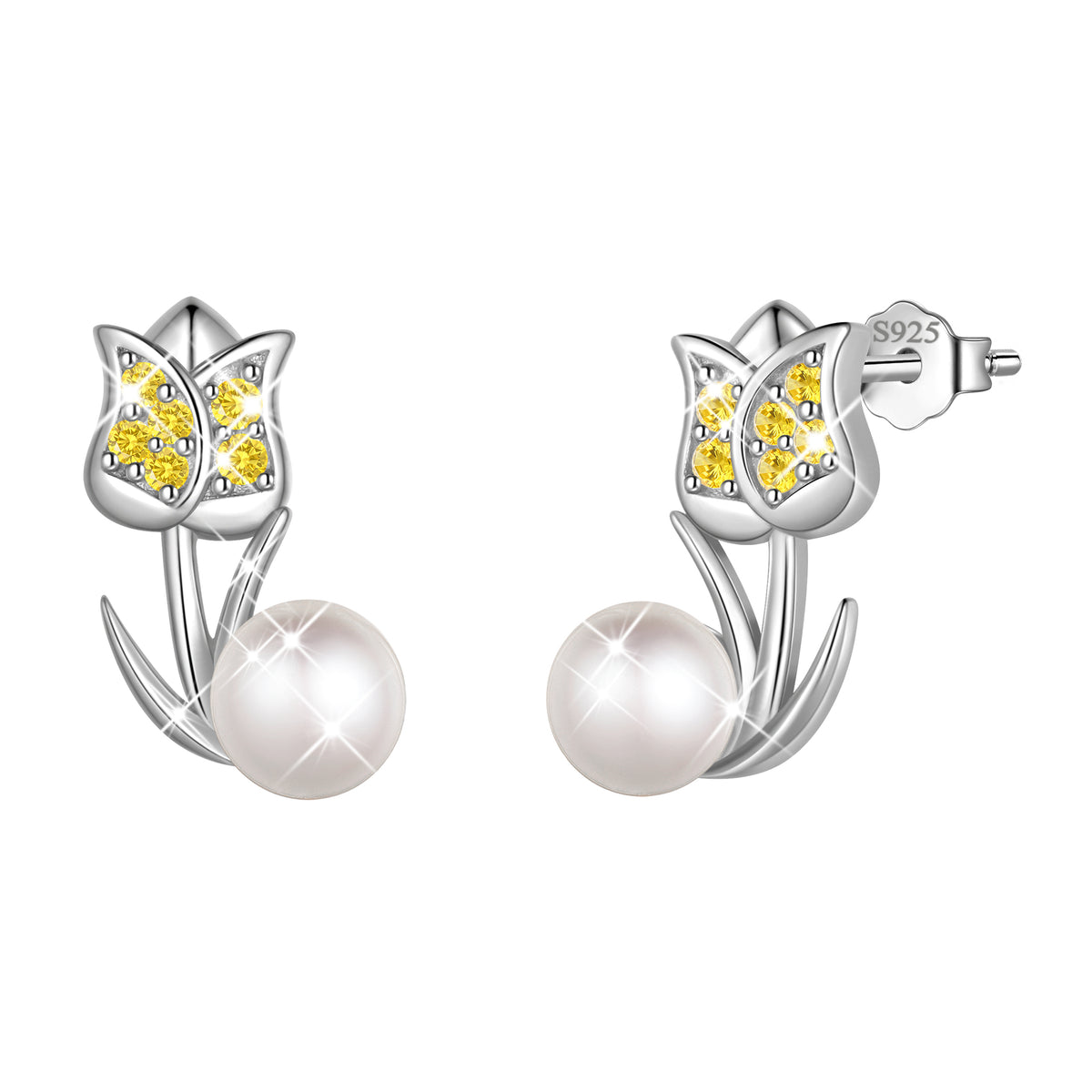 925 Sterling Silver Tulip Pearl Birthstone Stud Earrings for Women, Flower Birthstone Earrings Jewelry Gift for Wife Mom Girlfriend, Birthday Valentine’s Day Mother’s Day Gift
