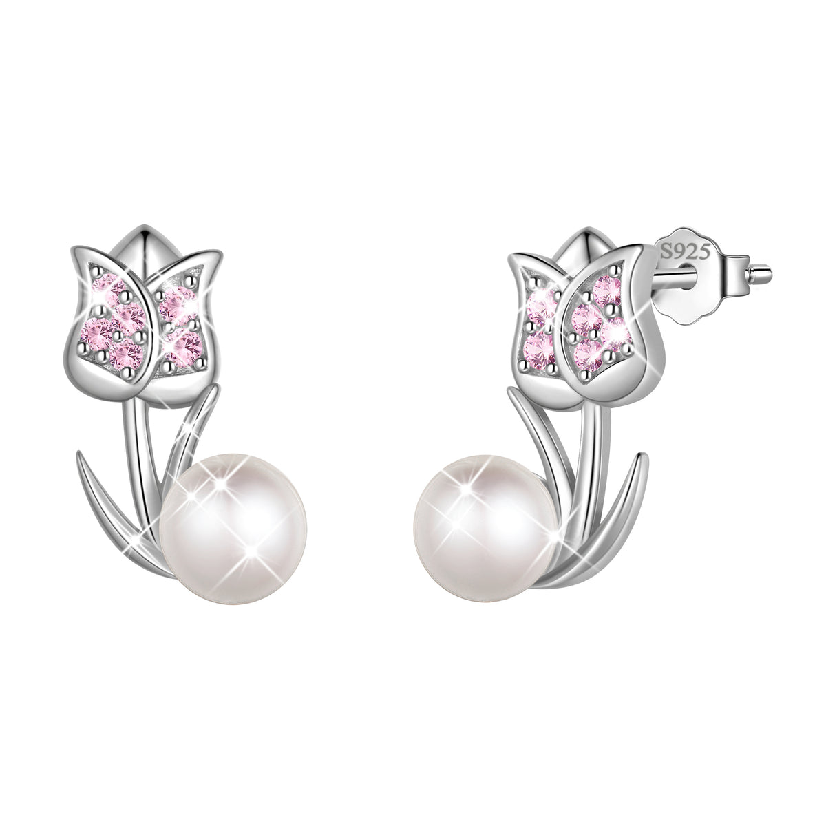 925 Sterling Silver Tulip Pearl Birthstone Stud Earrings for Women, Flower Birthstone Earrings Jewelry Gift for Wife Mom Girlfriend, Birthday Valentine’s Day Mother’s Day Gift