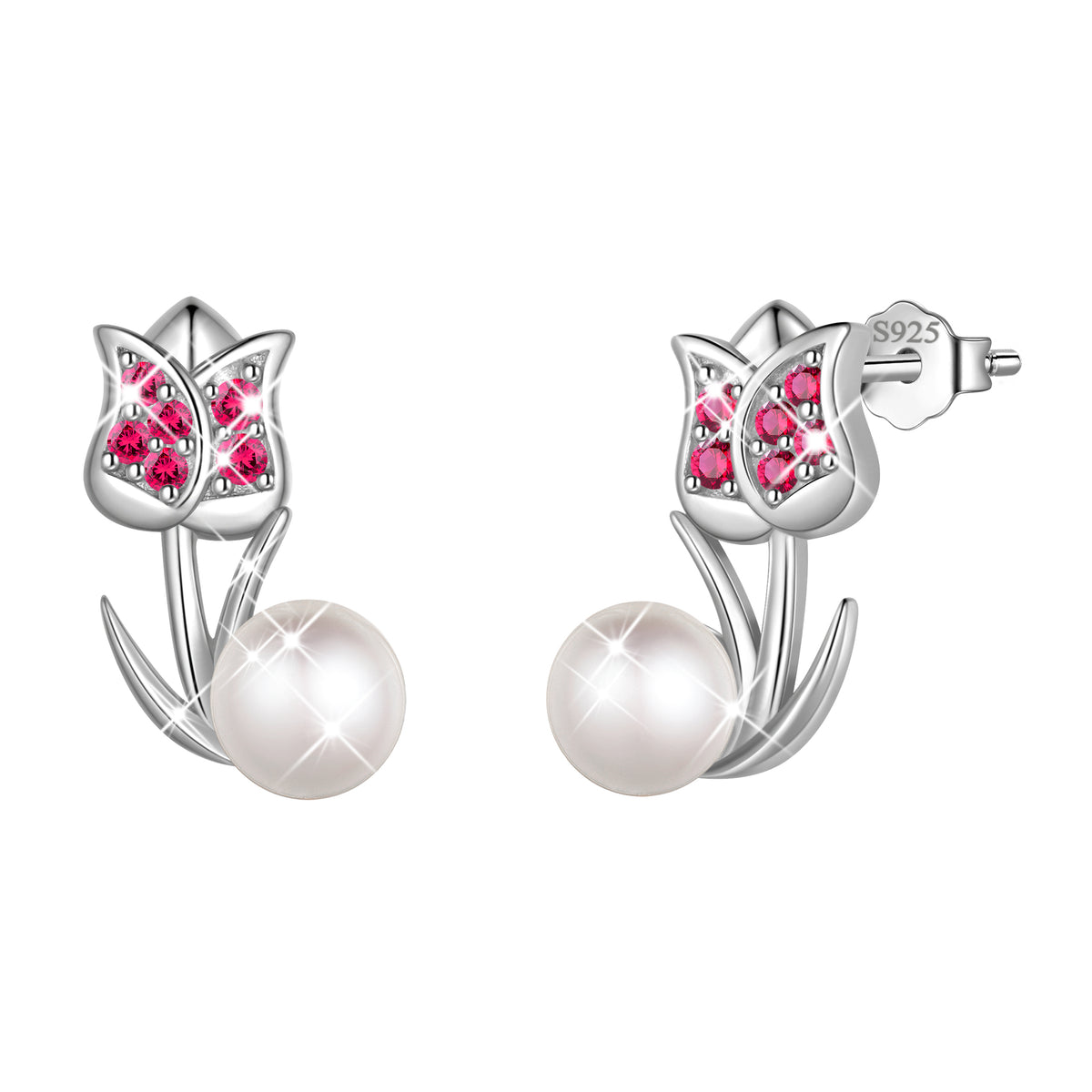 925 Sterling Silver Tulip Pearl Birthstone Stud Earrings for Women, Flower Birthstone Earrings Jewelry Gift for Wife Mom Girlfriend, Birthday Valentine’s Day Mother’s Day Gift
