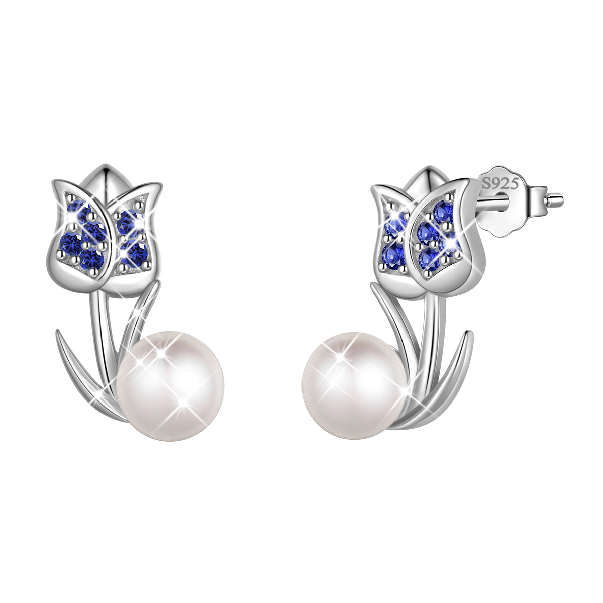 925 Sterling Silver Tulip Pearl Birthstone Stud Earrings for Women, Flower Birthstone Earrings Jewelry Gift for Wife Mom Girlfriend, Birthday Valentine’s Day Mother’s Day Gift