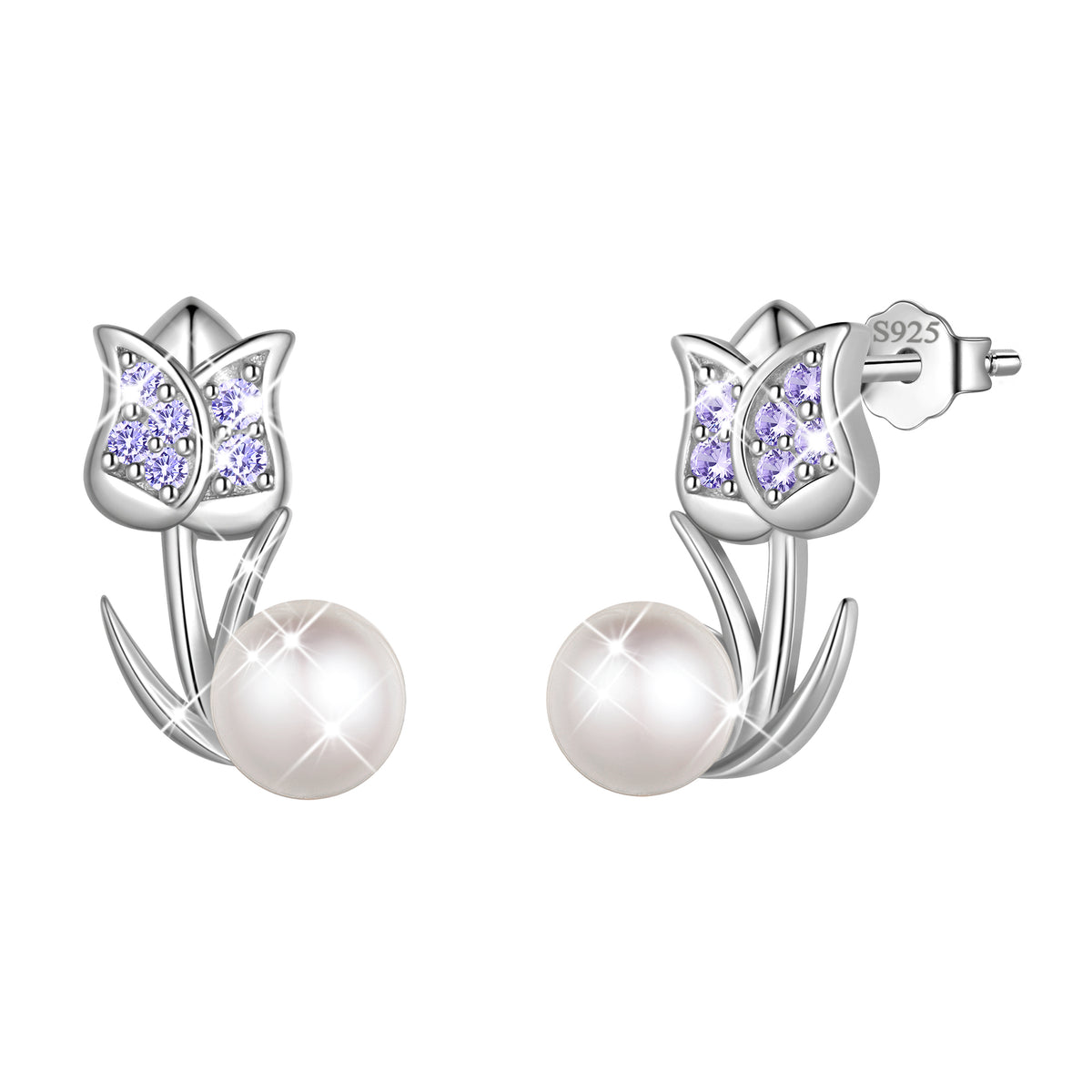 925 Sterling Silver Tulip Pearl Birthstone Stud Earrings for Women, Flower Birthstone Earrings Jewelry Gift for Wife Mom Girlfriend, Birthday Valentine’s Day Mother’s Day Gift