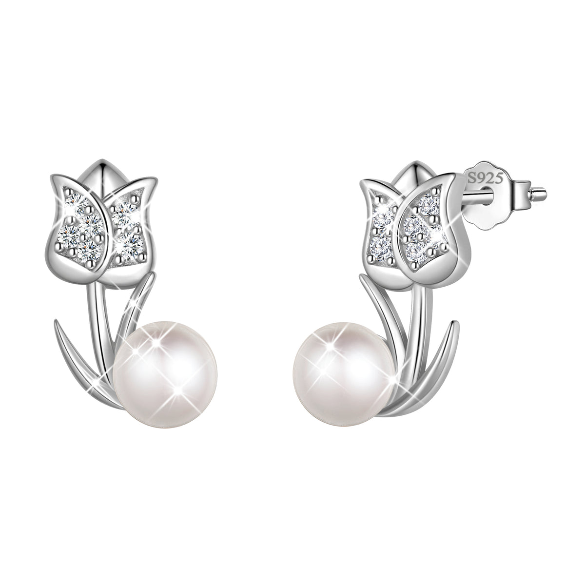 925 Sterling Silver Tulip Pearl Birthstone Stud Earrings for Women, Flower Birthstone Earrings Jewelry Gift for Wife Mom Girlfriend, Birthday Valentine’s Day Mother’s Day Gift