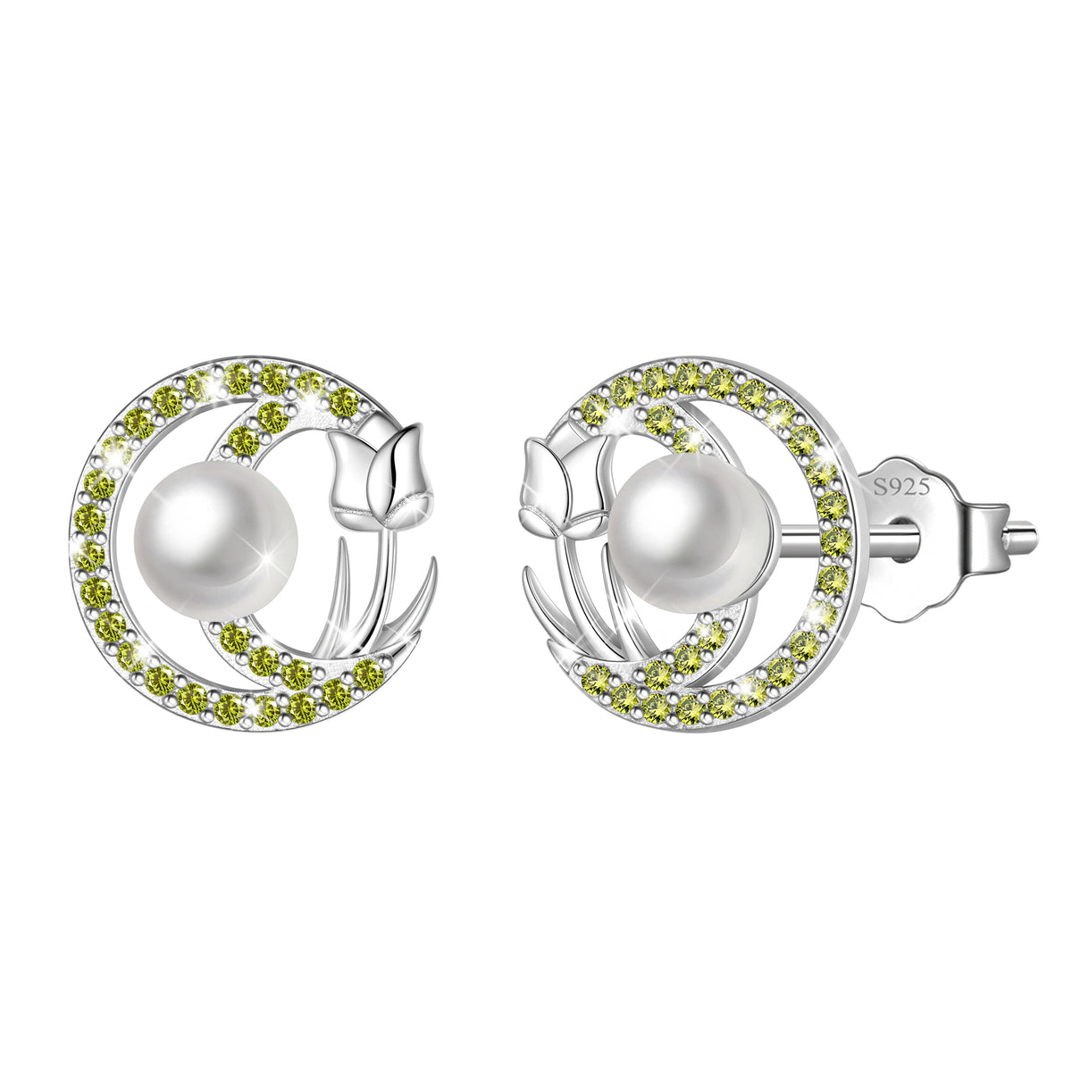 Beautlace 925 Sterling Silver Pearl Birthstone Stud Earrings for Women, Circle Halo Flower Crystal Earrings Jewelry Gift for Wife Mom Girlfriend,Birthday Valentine’s Day Mother’s Day Gift