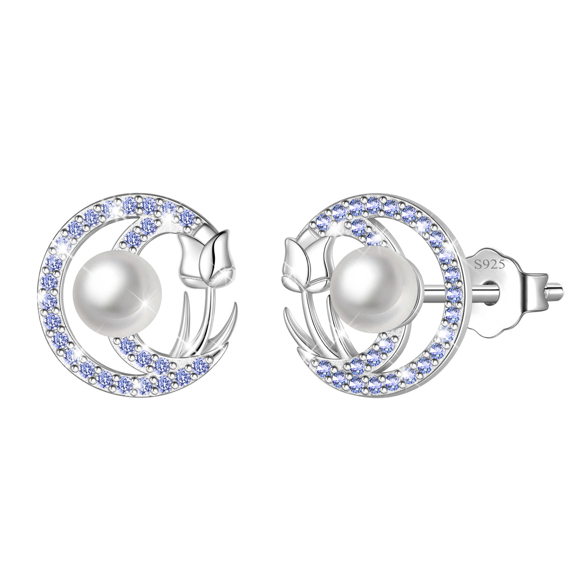 Beautlace 925 Sterling Silver Pearl Birthstone Stud Earrings for Women, Circle Halo Flower Crystal Earrings Jewelry Gift for Wife Mom Girlfriend,Birthday Valentine’s Day Mother’s Day Gift