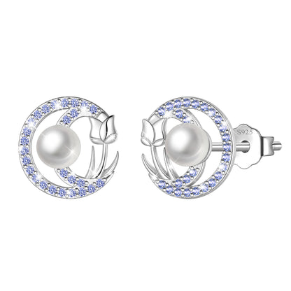 Beautlace 925 Sterling Silver Pearl Birthstone Stud Earrings for Women, Circle Halo Flower Crystal Earrings Jewelry Gift for Wife Mom Girlfriend,Birthday Valentine’s Day Mother’s Day Gift
