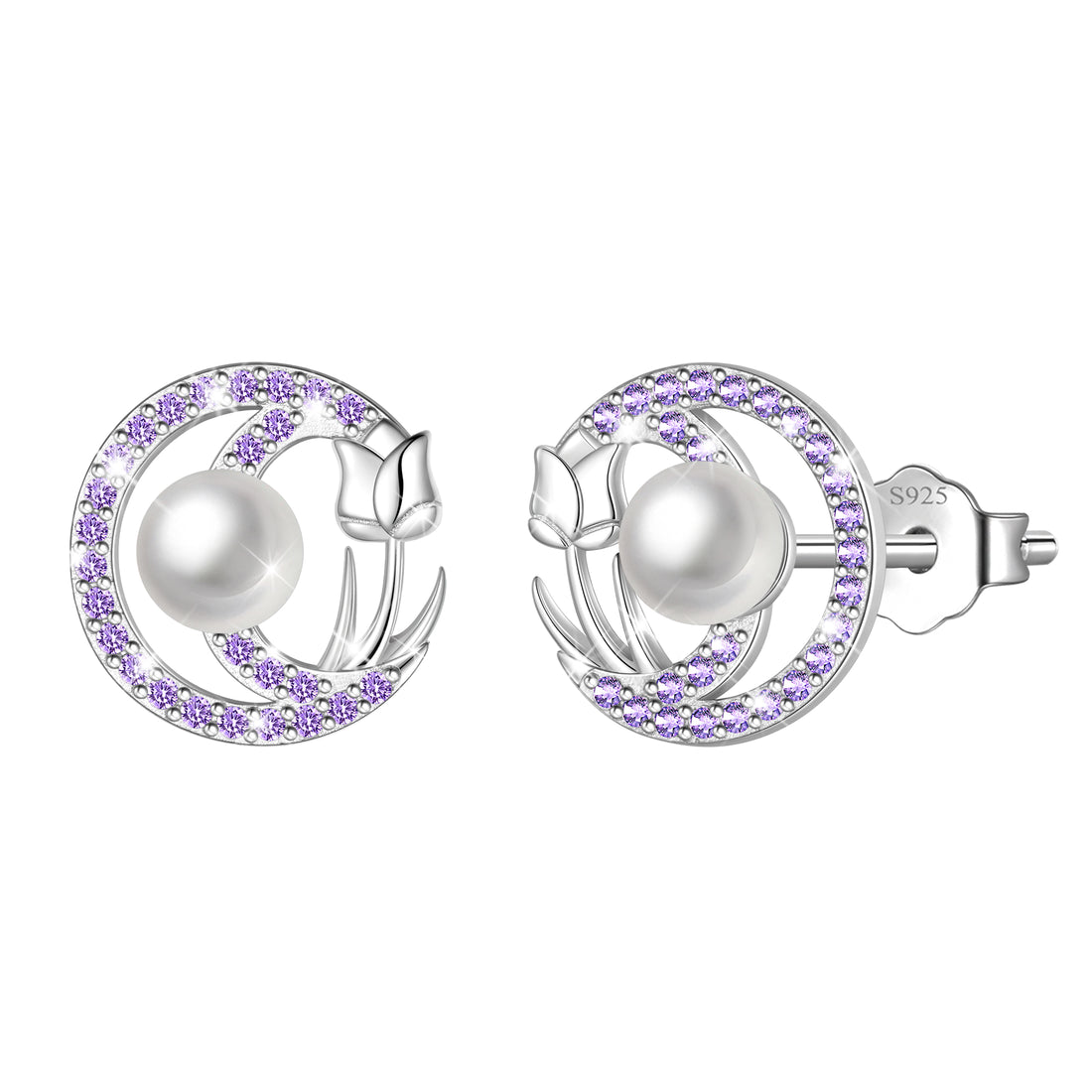 Beautlace 925 Sterling Silver Pearl Birthstone Stud Earrings for Women, Circle Halo Flower Crystal Earrings Jewelry Gift for Wife Mom Girlfriend,Birthday Valentine’s Day Mother’s Day Gift