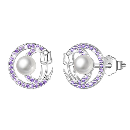 Beautlace 925 Sterling Silver Pearl Birthstone Stud Earrings for Women, Circle Halo Flower Crystal Earrings Jewelry Gift for Wife Mom Girlfriend,Birthday Valentine’s Day Mother’s Day Gift