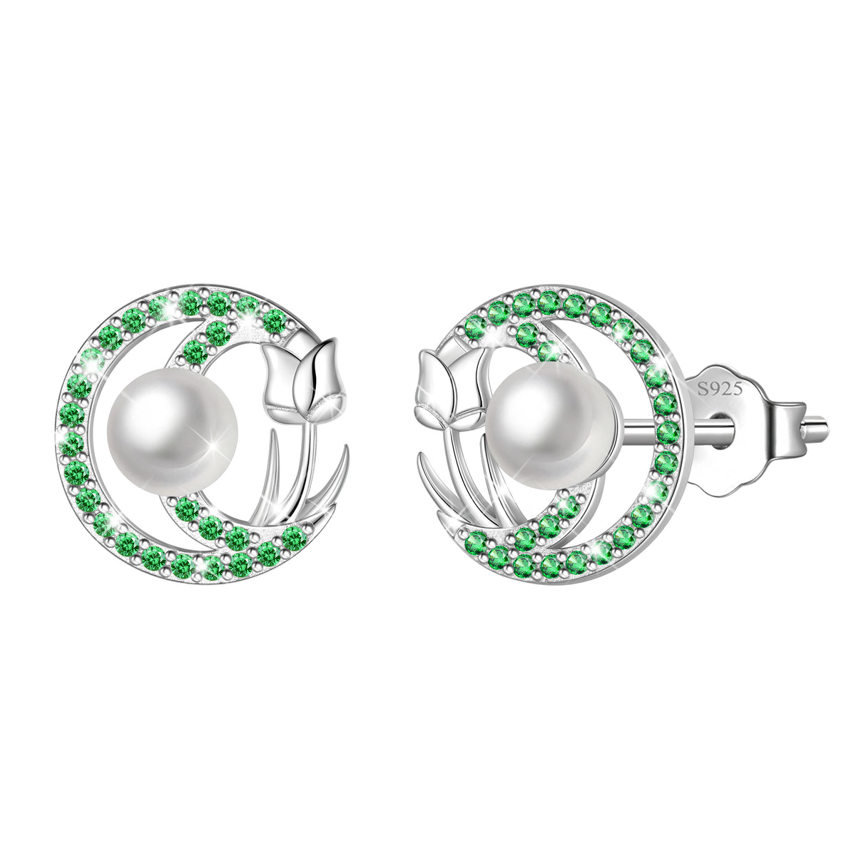 Beautlace 925 Sterling Silver Pearl Birthstone Stud Earrings for Women, Circle Halo Flower Crystal Earrings Jewelry Gift for Wife Mom Girlfriend,Birthday Valentine’s Day Mother’s Day Gift