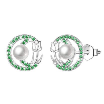 Beautlace 925 Sterling Silver Pearl Birthstone Stud Earrings for Women, Circle Halo Flower Crystal Earrings Jewelry Gift for Wife Mom Girlfriend,Birthday Valentine’s Day Mother’s Day Gift