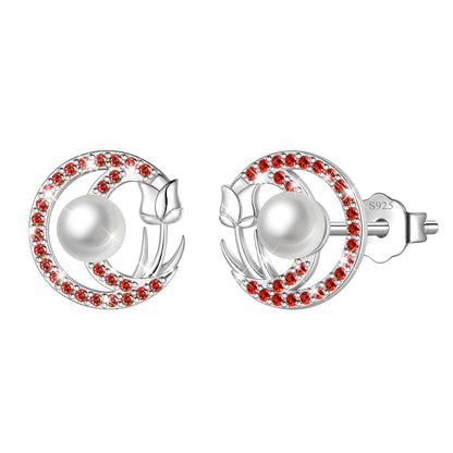 Beautlace 925 Sterling Silver Pearl Birthstone Stud Earrings for Women, Circle Halo Flower Crystal Earrings Jewelry Gift for Wife Mom Girlfriend,Birthday Valentine’s Day Mother’s Day Gift