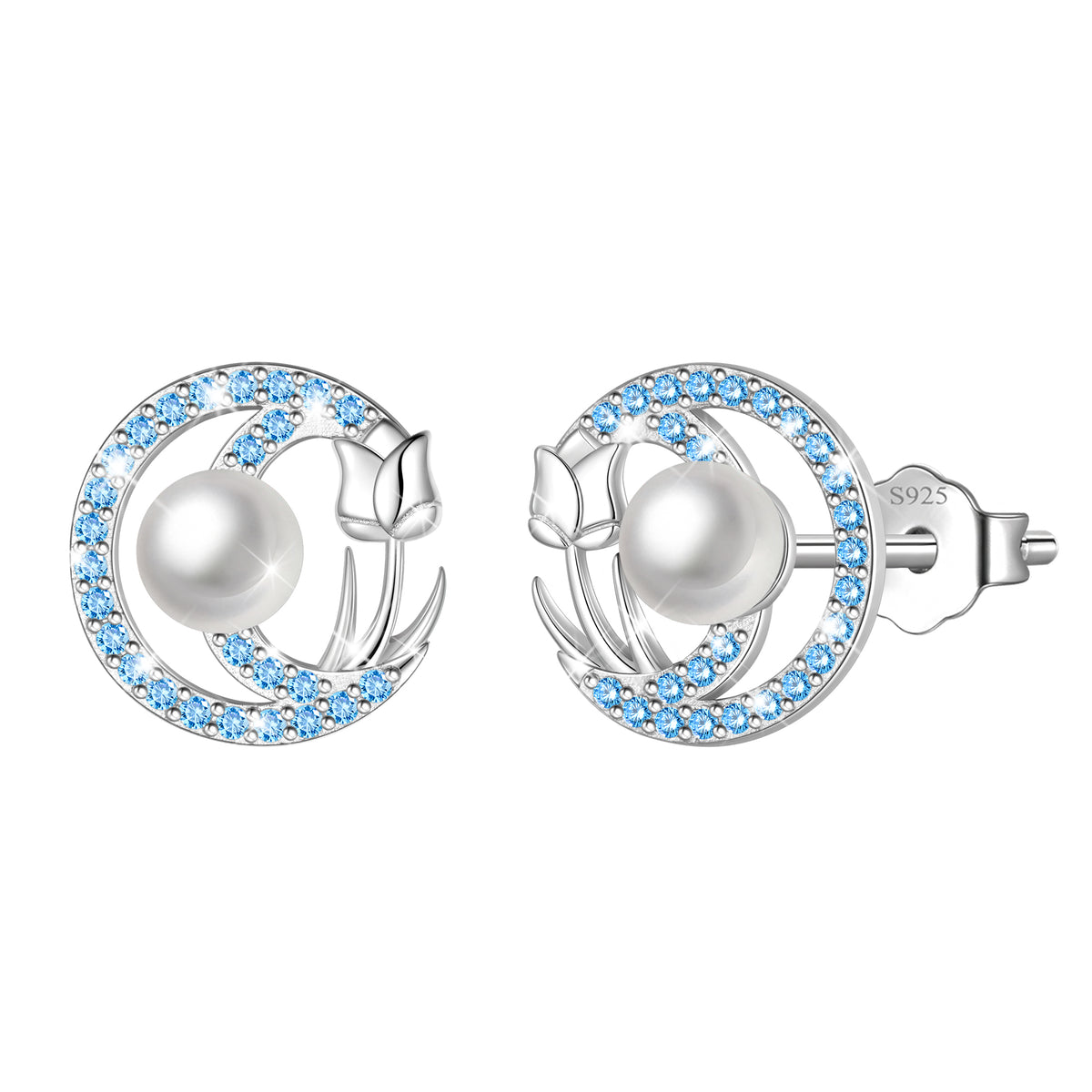 Beautlace 925 Sterling Silver Pearl Birthstone Stud Earrings for Women, Circle Halo Flower Crystal Earrings Jewelry Gift for Wife Mom Girlfriend,Birthday Valentine’s Day Mother’s Day Gift