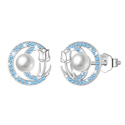 Beautlace 925 Sterling Silver Pearl Birthstone Stud Earrings for Women, Circle Halo Flower Crystal Earrings Jewelry Gift for Wife Mom Girlfriend,Birthday Valentine’s Day Mother’s Day Gift