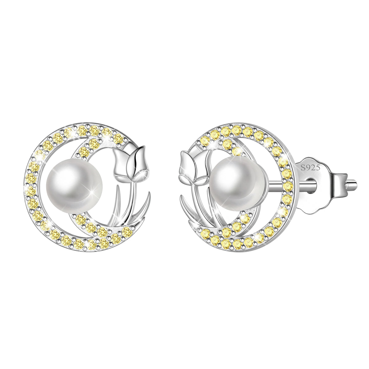 Beautlace 925 Sterling Silver Pearl Birthstone Stud Earrings for Women, Circle Halo Flower Crystal Earrings Jewelry Gift for Wife Mom Girlfriend,Birthday Valentine’s Day Mother’s Day Gift