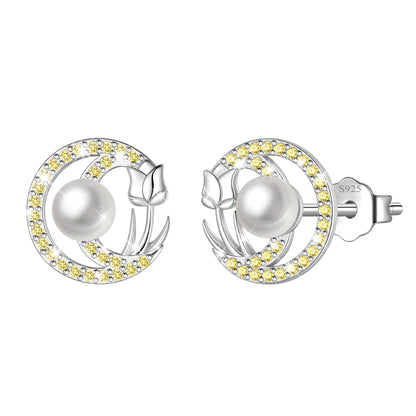 Beautlace 925 Sterling Silver Pearl Birthstone Stud Earrings for Women, Circle Halo Flower Crystal Earrings Jewelry Gift for Wife Mom Girlfriend,Birthday Valentine’s Day Mother’s Day Gift