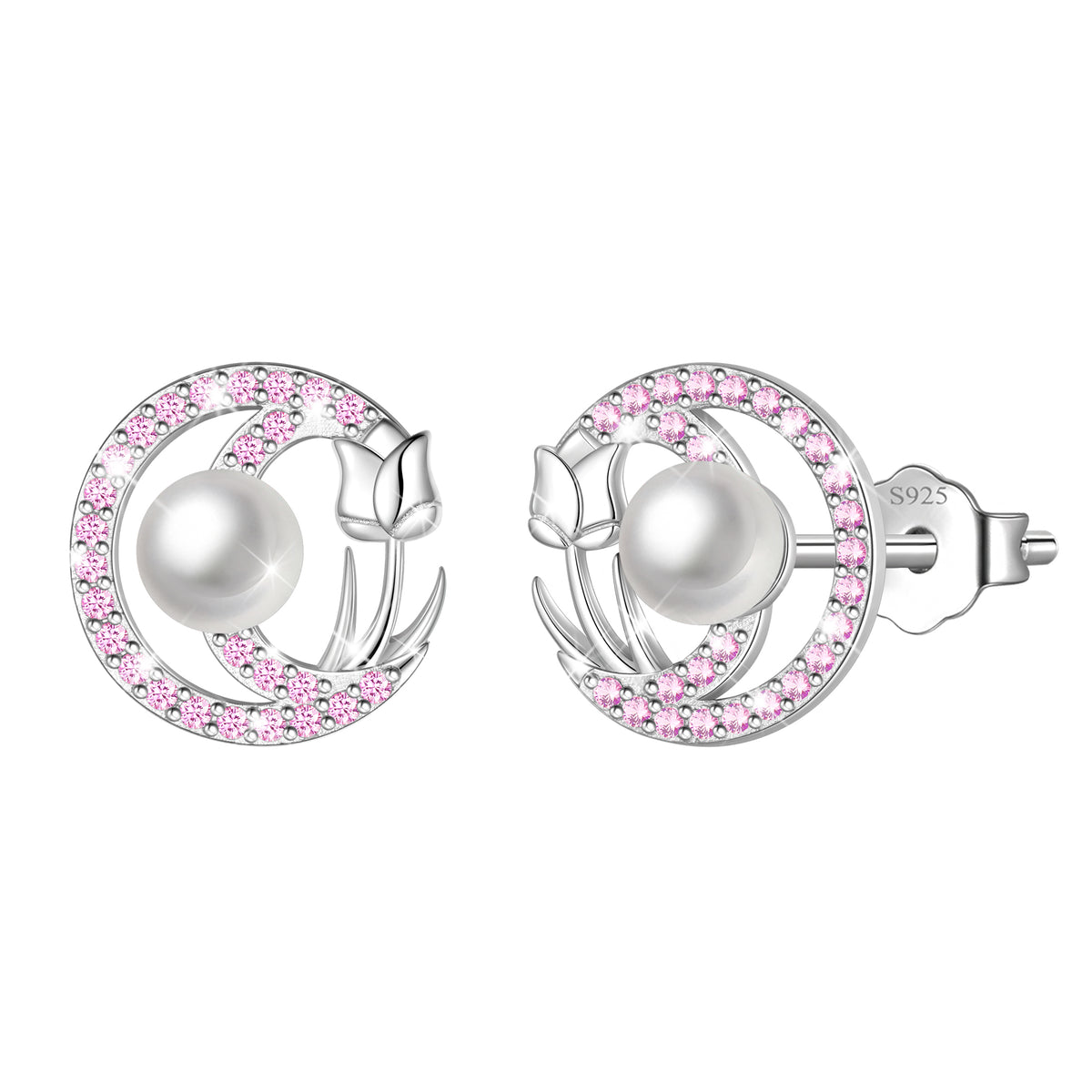 Beautlace 925 Sterling Silver Pearl Birthstone Stud Earrings for Women, Circle Halo Flower Crystal Earrings Jewelry Gift for Wife Mom Girlfriend,Birthday Valentine’s Day Mother’s Day Gift