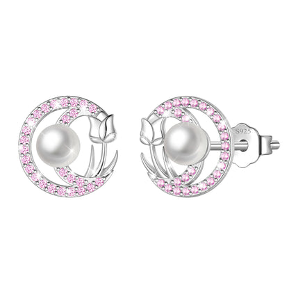 Beautlace 925 Sterling Silver Pearl Birthstone Stud Earrings for Women, Circle Halo Flower Crystal Earrings Jewelry Gift for Wife Mom Girlfriend,Birthday Valentine’s Day Mother’s Day Gift