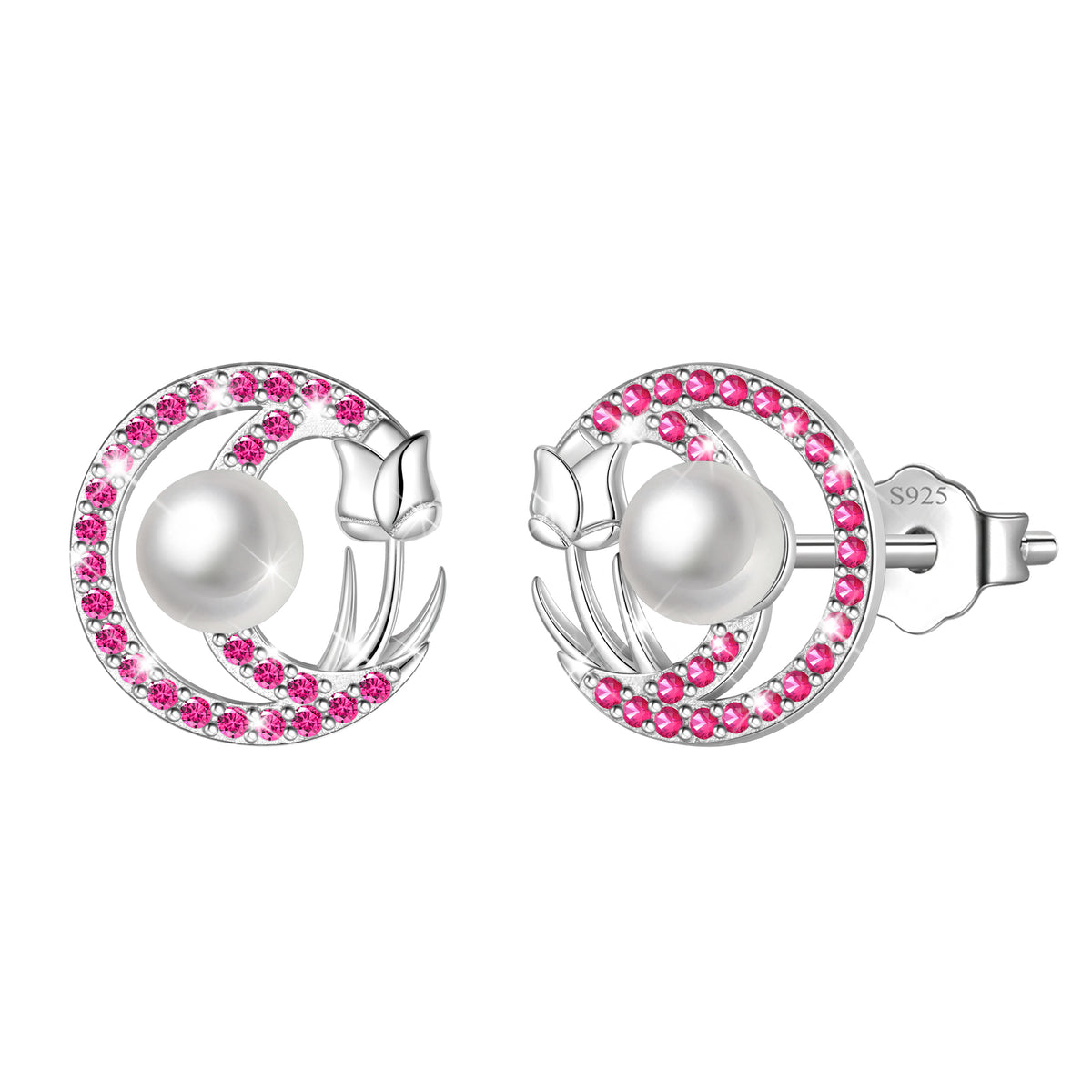 Beautlace 925 Sterling Silver Pearl Birthstone Stud Earrings for Women, Circle Halo Flower Crystal Earrings Jewelry Gift for Wife Mom Girlfriend,Birthday Valentine’s Day Mother’s Day Gift