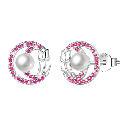 Beautlace 925 Sterling Silver Pearl Birthstone Stud Earrings for Women, Circle Halo Flower Crystal Earrings Jewelry Gift for Wife Mom Girlfriend,Birthday Valentine’s Day Mother’s Day Gift