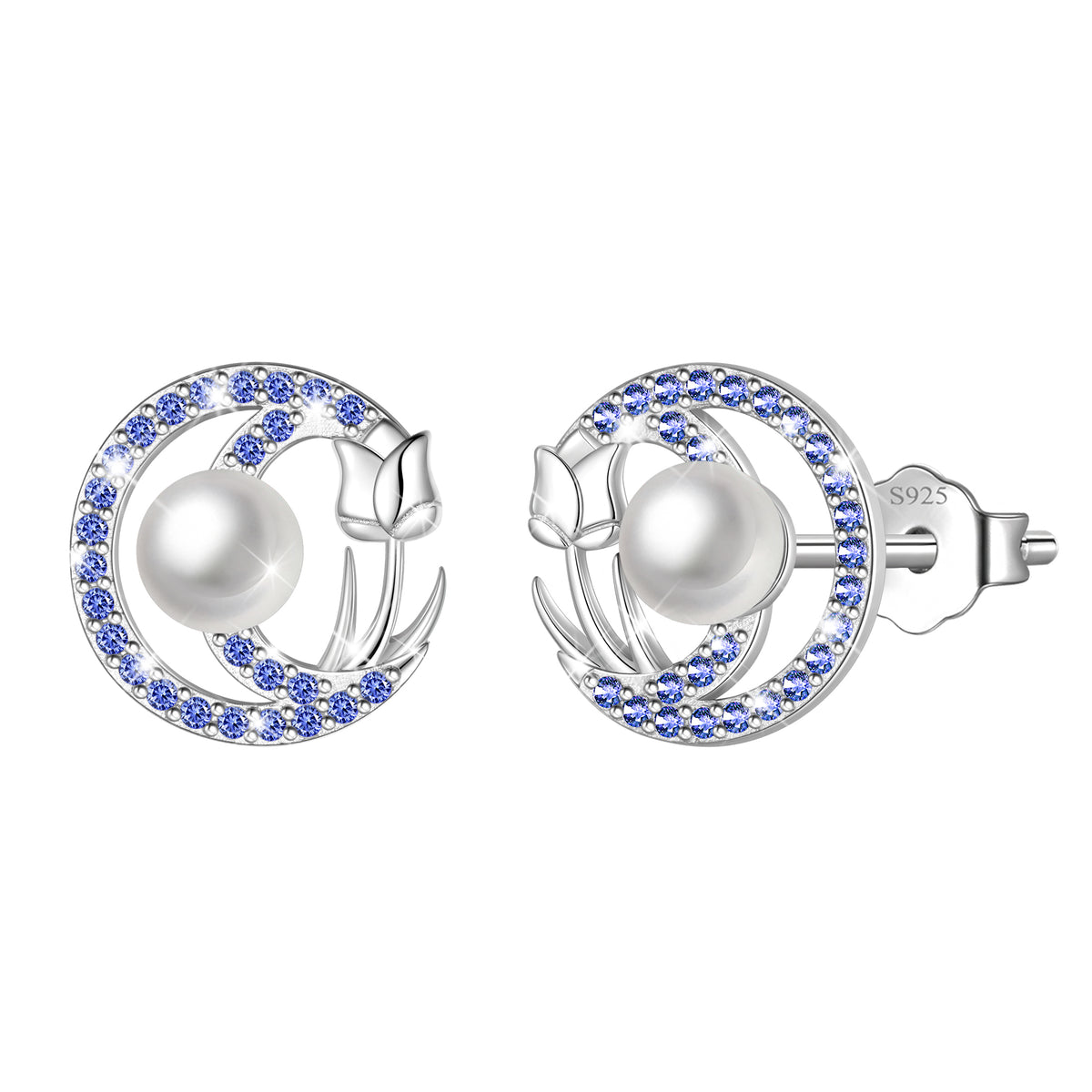 Beautlace 925 Sterling Silver Pearl Birthstone Stud Earrings for Women, Circle Halo Flower Crystal Earrings Jewelry Gift for Wife Mom Girlfriend,Birthday Valentine’s Day Mother’s Day Gift