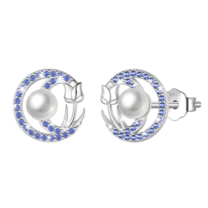 Beautlace 925 Sterling Silver Pearl Birthstone Stud Earrings for Women, Circle Halo Flower Crystal Earrings Jewelry Gift for Wife Mom Girlfriend,Birthday Valentine’s Day Mother’s Day Gift