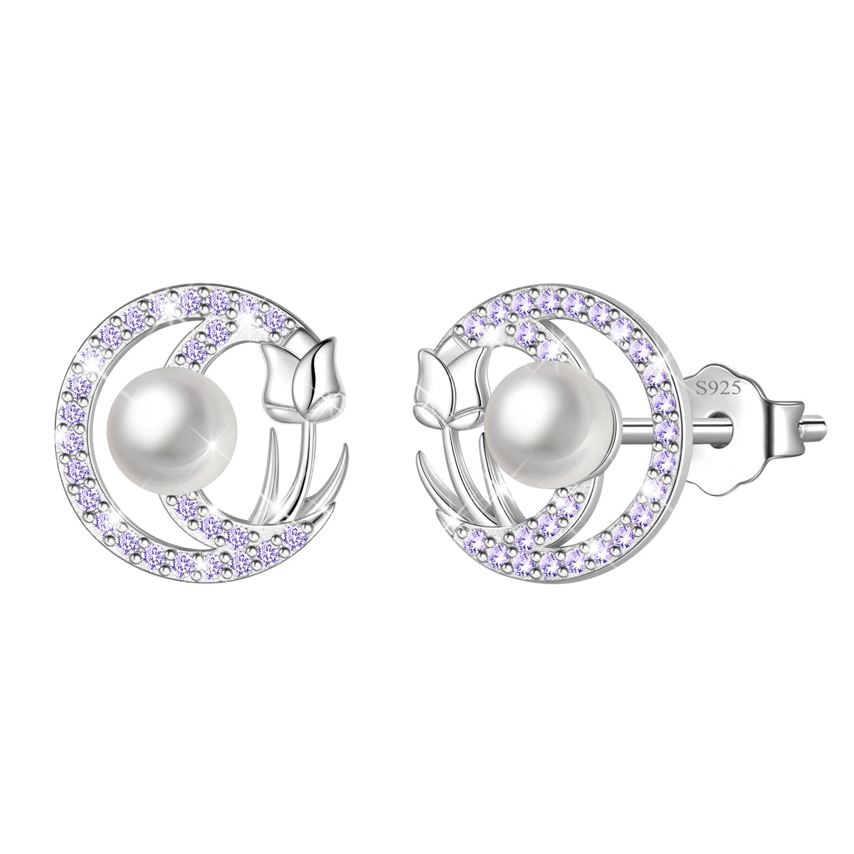 Beautlace 925 Sterling Silver Pearl Birthstone Stud Earrings for Women, Circle Halo Flower Crystal Earrings Jewelry Gift for Wife Mom Girlfriend,Birthday Valentine’s Day Mother’s Day Gift