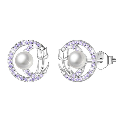 Beautlace 925 Sterling Silver Pearl Birthstone Stud Earrings for Women, Circle Halo Flower Crystal Earrings Jewelry Gift for Wife Mom Girlfriend,Birthday Valentine’s Day Mother’s Day Gift