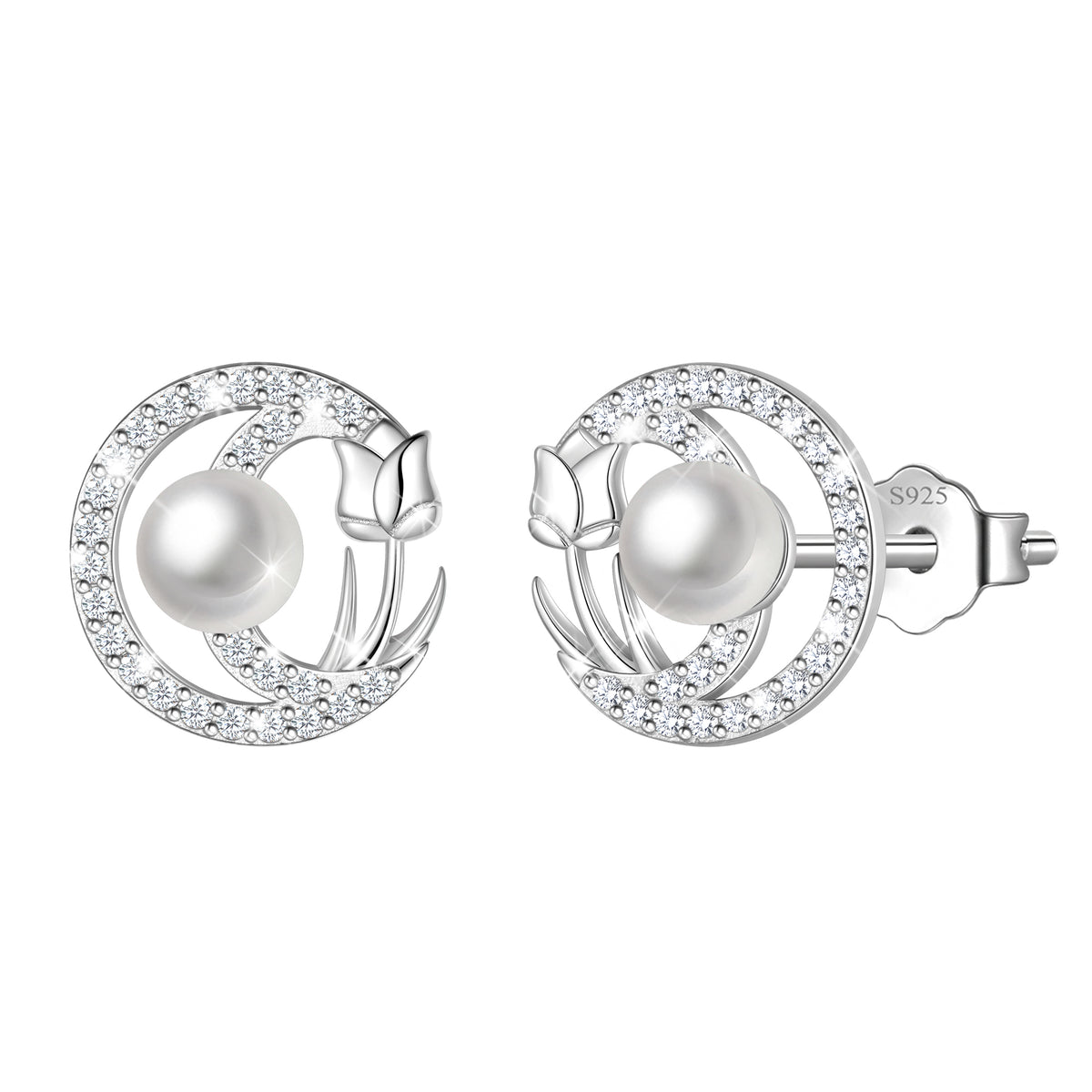 Beautlace 925 Sterling Silver Pearl Birthstone Stud Earrings for Women, Circle Halo Flower Crystal Earrings Jewelry Gift for Wife Mom Girlfriend,Birthday Valentine’s Day Mother’s Day Gift