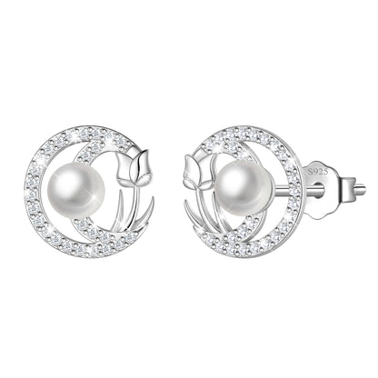 Beautlace 925 Sterling Silver Pearl Birthstone Stud Earrings for Women, Circle Halo Flower Crystal Earrings Jewelry Gift for Wife Mom Girlfriend,Birthday Valentine’s Day Mother’s Day Gift