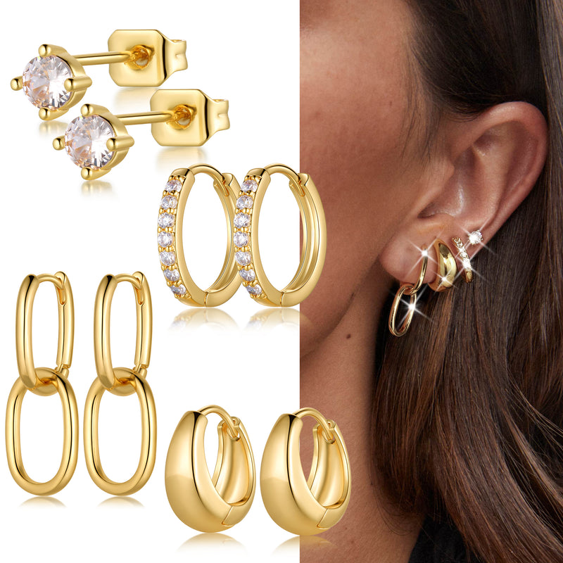 4 Pairs Hoop Earrings Set for Women,18K Gold Plated Lightweight Earrings Sets,Hypoallergenic Huggie Hoops Earrings Jewelry Gifts for Valentine's Day Birthday