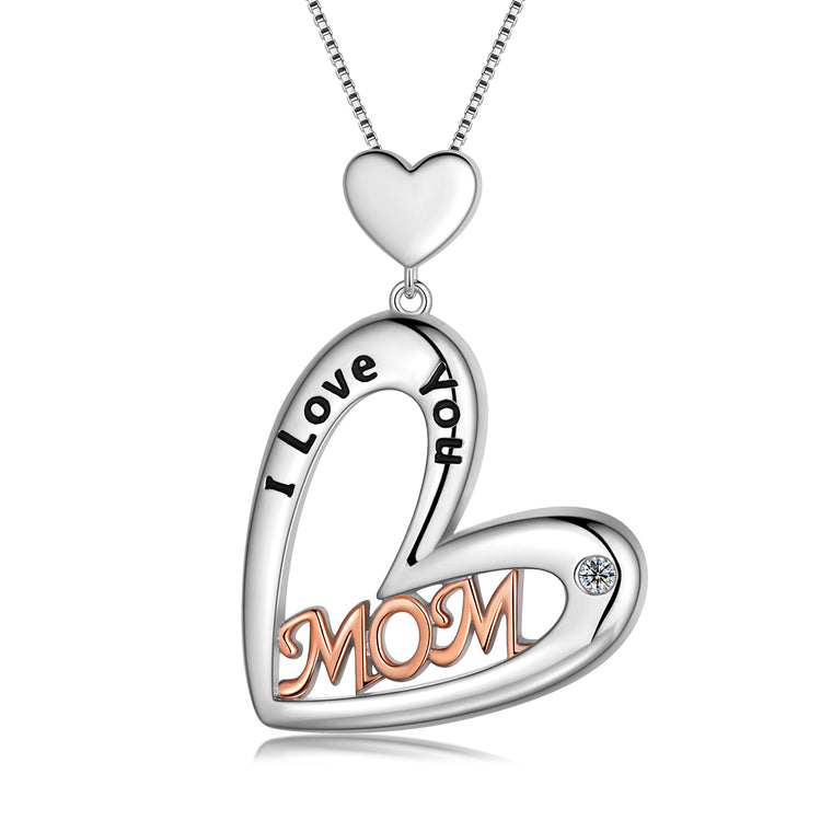 I Love You Mom Heart Necklace/Earrings,Rose Gold and Silver Plated Mom Pendant Necklace/Earrings Studs for Mother,Best Mom Necklace Birthday Christmas Gift for Mom/Grandma