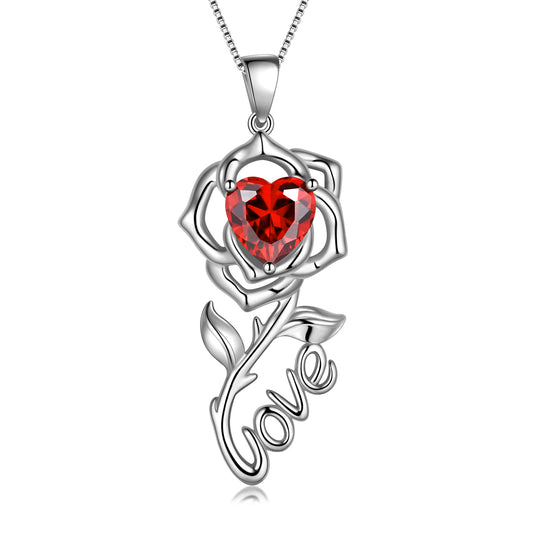 Rose Love Neckalce,925 Sterling Silver Birthstone Pendant Necklace Jewelry Gifts for Women