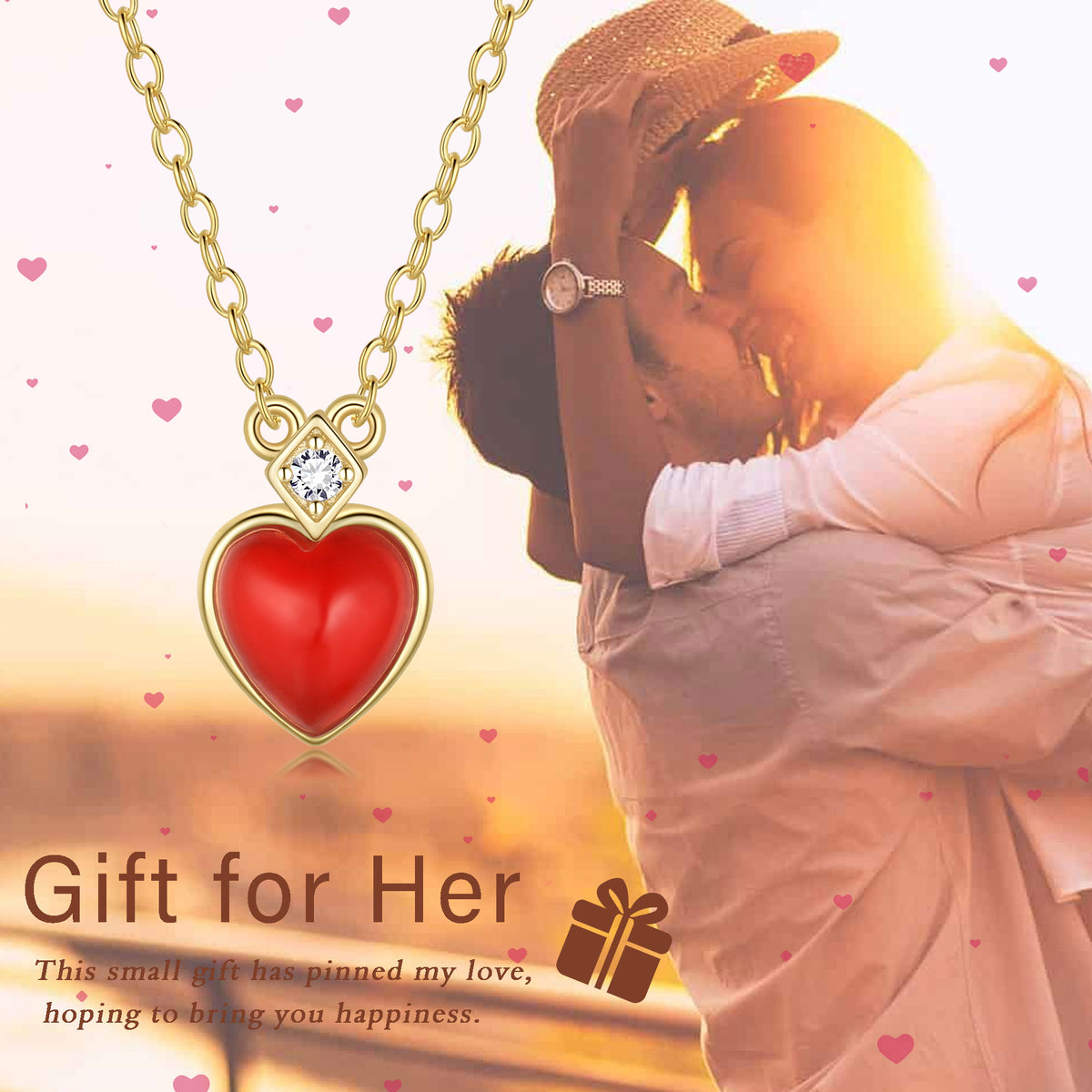 S925 Red Heart Necklace,Sterling Silver Plated Yellow Gold Carnelian Pendnat Necklace Jewelry Gifts for Women Girls Her