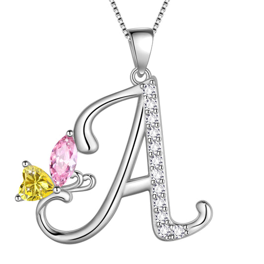 Butterfly Initial Necklace,925 Sterling Silver A-Z Letter Birthstone Butterflies Pendant Personalized Necklace Gifts for Women